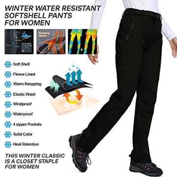 Women's Hiking Waterproof Pants Outdoor Windproof Fleece Lined Soft Shell Insulated Winter Pants Fishing Safari Travel, Black 26