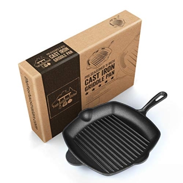Fresh O2 Pre-Seasoned Cast Iron Skillet - 12 Inch (11 Inch Bottom) Cast Iron Grill Pan w/Cooking Rid...
