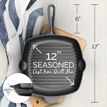 Fresh O2 Cast Iron Skillet - 12 Inch Grill Pan for Cooking