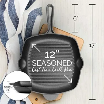 Fresh O2 Cast Iron Skillet - 12 Inch Grill Pan for Cooking