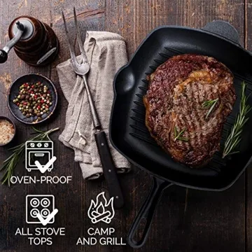 Fresh O2 Cast Iron Skillet - 12 Inch Grill Pan for Cooking