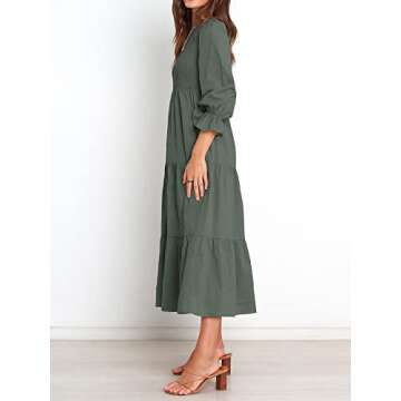 BTFBM Women Casual Long Sleeve Dress Fall Dresses 2025 Solid Color Relaxed Fit Smocked Tiered Flowy Boho Long Dresses(Solid Army Green,X-Large)