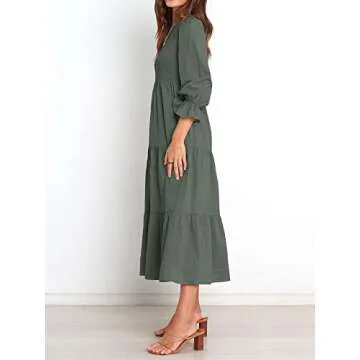 BTFBM Women Casual Long Sleeve Dress Fall Dresses 2025 Solid Color Relaxed Fit Smocked Tiered Flowy Boho Long Dresses(Solid Army Green,X-Large)