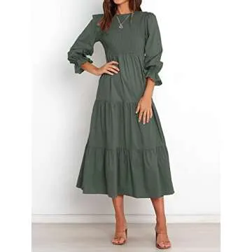 BTFBM Women Casual Long Sleeve Dress Fall Dresses 2025 Solid Color Relaxed Fit Smocked Tiered Flowy Boho Long Dresses(Solid Army Green,X-Large)