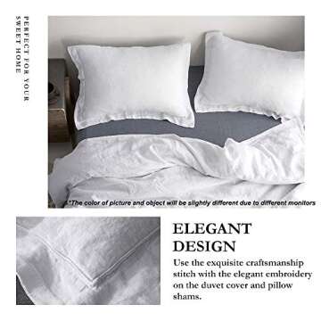 Simple&Opulence 100% Linen Duvet Cover Set with Embroidery Border Washed - 3 Pieces (1 Duvet Cover with 2 Pillow Shams) with Button Closure Soft Breathable Farmhouse - White, Queen Size