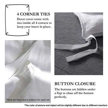 Simple&Opulence 100% Linen Duvet Cover Set with Embroidery Border Washed - 3 Pieces (1 Duvet Cover with 2 Pillow Shams) with Button Closure Soft Breathable Farmhouse - White, Queen Size