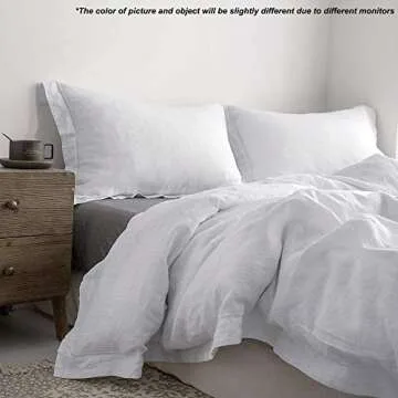 Simple&Opulence 100% Linen Duvet Cover Set with Embroidery Border Washed - 3 Pieces (1 Duvet Cover with 2 Pillow Shams) with Button Closure Soft Breathable Farmhouse - White, Queen Size