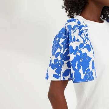 Womens 2024 Summer White T Shirt Blue Floral Short Puff Sleeve Blouse Casual Summer Tops