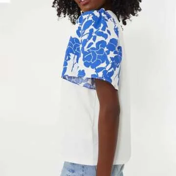 Womens 2024 Summer White T Shirt Blue Floral Short Puff Sleeve Blouse Casual Summer Tops