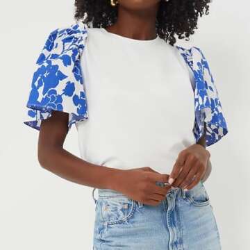 Womens 2024 Summer White T Shirt Blue Floral Short Puff Sleeve Blouse Casual Summer Tops