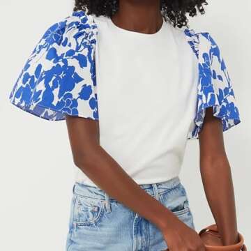 Womens 2024 Summer White T Shirt Blue Floral Short Puff Sleeve Blouse Casual Summer Tops