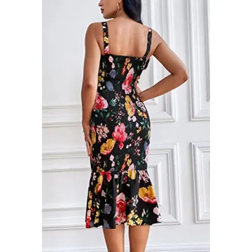 PRETTYGARDEN Women's Summer Floral Midi Tank Dress Sleeveless Strappy Ruffle Hem Smocked Bodycon Dresses (Black Red Big Floral,Large)