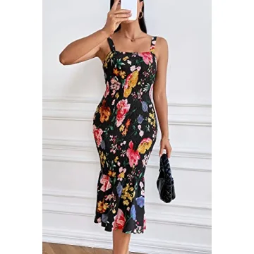 PRETTYGARDEN Women's Summer Floral Midi Tank Dress Sleeveless Strappy Ruffle Hem Smocked Bodycon Dresses (Black Red Big Floral,Large)