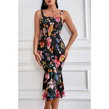 PRETTYGARDEN Women's Summer Floral Midi Tank Dress Sleeveless Strappy Ruffle Hem Smocked Bodycon Dresses (Black Red Big Floral,Large)