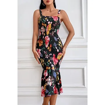 PRETTYGARDEN Women's Summer Floral Midi Tank Dress Sleeveless Strappy Ruffle Hem Smocked Bodycon Dresses (Black Red Big Floral,Large)