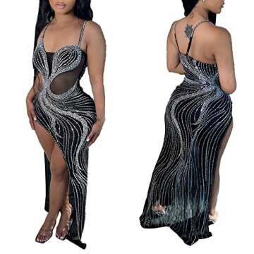Zoctuo Women's Sexy Rhinestone Side High Split Spaghetti Straps Maxi Dress Party Club Night Outfit(K...