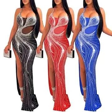 Zoctuo Women's Sexy Rhinestone Side High Split Spaghetti Straps Maxi Dress Party Club Night Outfit(K2685,Red,S)