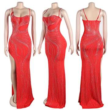 Zoctuo Women's Sexy Rhinestone Side High Split Spaghetti Straps Maxi Dress Party Club Night Outfit(K2685,Red,S)