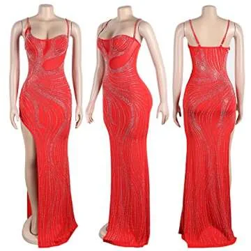 Zoctuo Women's Sexy Rhinestone Side High Split Spaghetti Straps Maxi Dress Party Club Night Outfit(K2685,Red,S)