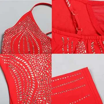 Zoctuo Women's Sexy Rhinestone Side High Split Spaghetti Straps Maxi Dress Party Club Night Outfit(K2685,Red,S)