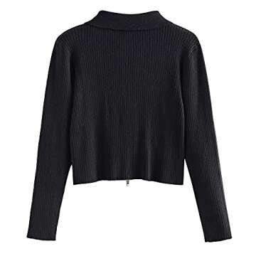 ZAFUL Women's Ribbed Zip Fly Cardigan Knit Long Sleeve Polo Collar Cropped Top Sweaters