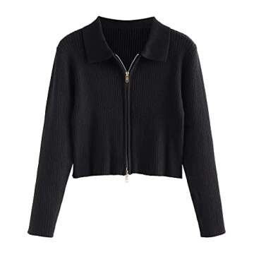 ZAFUL Women's Ribbed Zip Fly Cardigan Knit Long Sleeve Polo Collar Cropped Top Sweaters