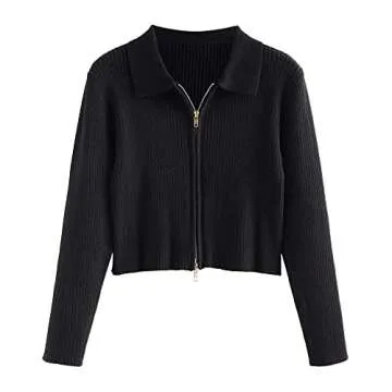 ZAFUL Women's Ribbed Zip Fly Cardigan Knit Long Sleeve Polo Collar Cropped Top Sweaters
