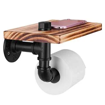 Elibbren Industrial Toilet Paper Holder with Rustic Wooden Shelf and Cast Iron Pipe Hardware, Pipe Toilet Paper Holder for Bathroom, Washroom