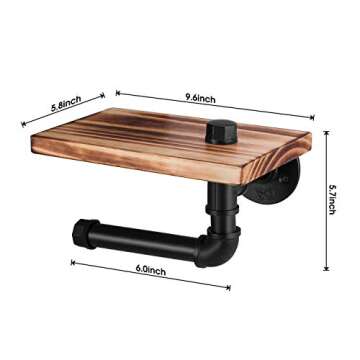 Elibbren Industrial Toilet Paper Holder with Rustic Wooden Shelf and Cast Iron Pipe Hardware, Pipe Toilet Paper Holder for Bathroom, Washroom