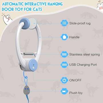 Kezlume Cat Toy Interactive for Indoor Cats, Smart USB Rechargeable Door Hanging Automatic Retractable Kitten Toys, Teaser Electronic Self Play Feather Cat String Toy Attached with 3 Catnip Mice White