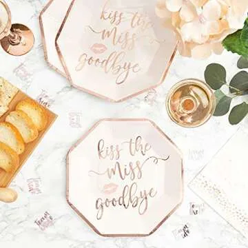 BLUE PANDA Bachelorette Party Plates - Kiss the Miss Goodbye, Rose Gold, 48 Count
