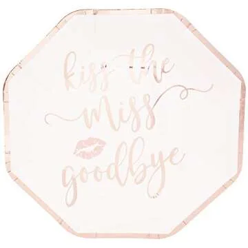 BLUE PANDA Bachelorette Party Plates - Kiss the Miss Goodbye, Rose Gold, 48 Count