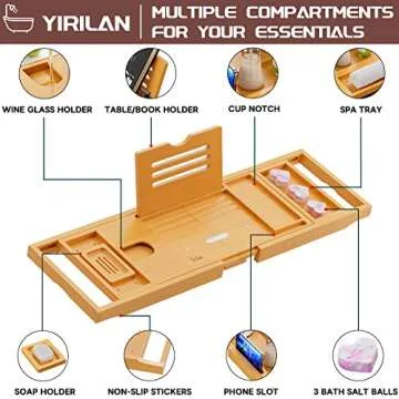 Yirilan Lux Expandable Bathtub Tray Caddy with 3 Bath Bombs-Self Care and Relaxation Birthday Gifts for Women and Men, Housewarming Gift Idea, for Mom Sister Daughter Wife
