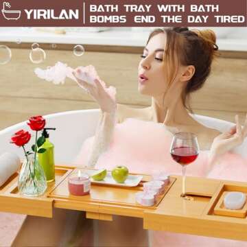 Yirilan Lux Expandable Bathtub Tray Caddy with 3 Bath Bombs-Self Care and Relaxation Birthday Gifts for Women and Men, Housewarming Gift Idea, for Mom Sister Daughter Wife