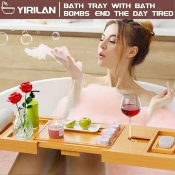 Yirilan Lux Expandable Bathtub Tray Caddy with 3 Bath Bombs-Self Care and Relaxation Birthday Gifts for Women and Men, Housewarming Gift Idea, for Mom Sister Daughter Wife