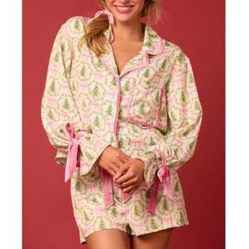 KOSUSANILL Christmas Pajamas for Women 2 Piece Cute Bow Pajama Set Tie Cuff Long Sleeve Santa Print ...