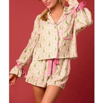 KOSUSANILL Christmas Pajamas for Women 2 Piece Cute Bow Pajama Set Tie Cuff Long Sleeve Santa Print Button Shirt Ruffle Shorts Silk Satin Christmas Pjs Set Sleep Loungewear Xmas Outfits