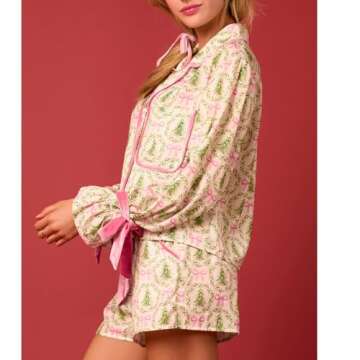 KOSUSANILL Christmas Pajamas for Women 2 Piece Cute Bow Pajama Set Tie Cuff Long Sleeve Santa Print Button Shirt Ruffle Shorts Silk Satin Christmas Pjs Set Sleep Loungewear Xmas Outfits