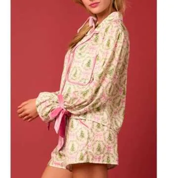 KOSUSANILL Christmas Pajamas for Women 2 Piece Cute Bow Pajama Set Tie Cuff Long Sleeve Santa Print Button Shirt Ruffle Shorts Silk Satin Christmas Pjs Set Sleep Loungewear Xmas Outfits