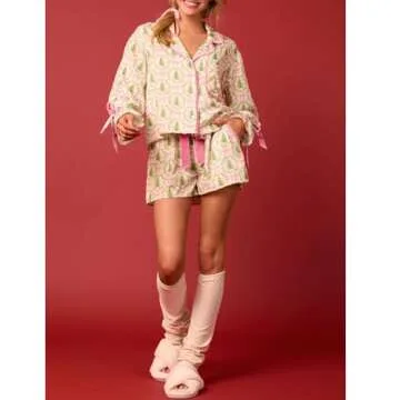 KOSUSANILL Christmas Pajamas for Women 2 Piece Cute Bow Pajama Set Tie Cuff Long Sleeve Santa Print Button Shirt Ruffle Shorts Silk Satin Christmas Pjs Set Sleep Loungewear Xmas Outfits