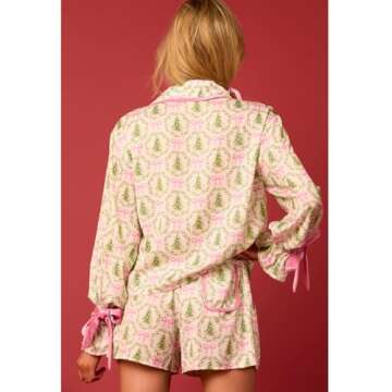 KOSUSANILL Christmas Pajamas for Women 2 Piece Cute Bow Pajama Set Tie Cuff Long Sleeve Santa Print Button Shirt Ruffle Shorts Silk Satin Christmas Pjs Set Sleep Loungewear Xmas Outfits