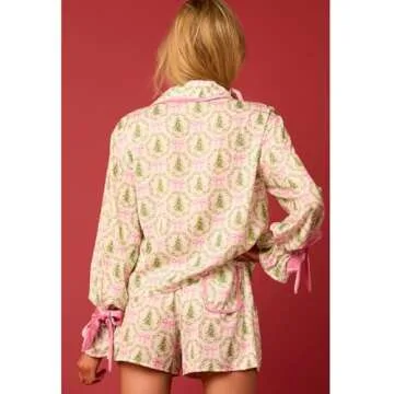 KOSUSANILL Christmas Pajamas for Women 2 Piece Cute Bow Pajama Set Tie Cuff Long Sleeve Santa Print Button Shirt Ruffle Shorts Silk Satin Christmas Pjs Set Sleep Loungewear Xmas Outfits