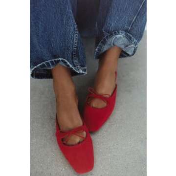 Sqaure Toe Mules for Women Slip On Bow Flats Red