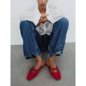 Sqaure Toe Mules for Women Slip On Bow Flats Red