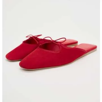 Sqaure Toe Mules for Women Slip On Bow Flats Red