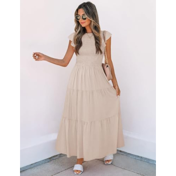 ZESICA 2024 Summer Flutter Sleeve Midi Dress Apricot