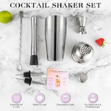 Cocktail Shaker Set, 6-Piece Mixology Bartender Kit Premium Shakers Bartending: Martini Shaker Jigger Mixing Spoon Muddler 2 Pourers Bar Tools Set with Built-in Bartender Strainer for Drink Shaker