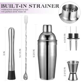 Cocktail Shaker Set, 6-Piece Mixology Bartender Kit Premium Shakers Bartending: Martini Shaker Jigger Mixing Spoon Muddler 2 Pourers Bar Tools Set with Built-in Bartender Strainer for Drink Shaker