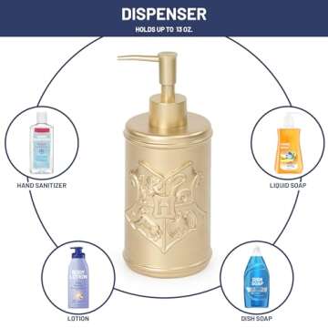 Harry Potter Bathroom Soap Dispenser Set - 2 Piece Gold Hogwarts Crest Collection Includes Resin Lot...
