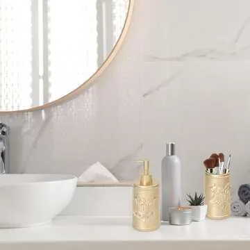 Harry Potter Bathroom Soap Dispenser Set - 2 Piece Gold Hogwarts Crest Collection Includes Resin Lotion Pump and Tumbler Cup - Bathroom Décor